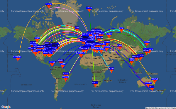 World map with receivers who heard the WSPR-beacon