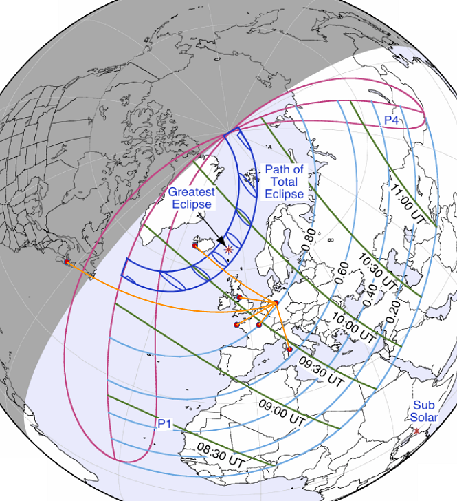 Map of the path of the solar eclipse 20th March 2015 and observed radio
			stations